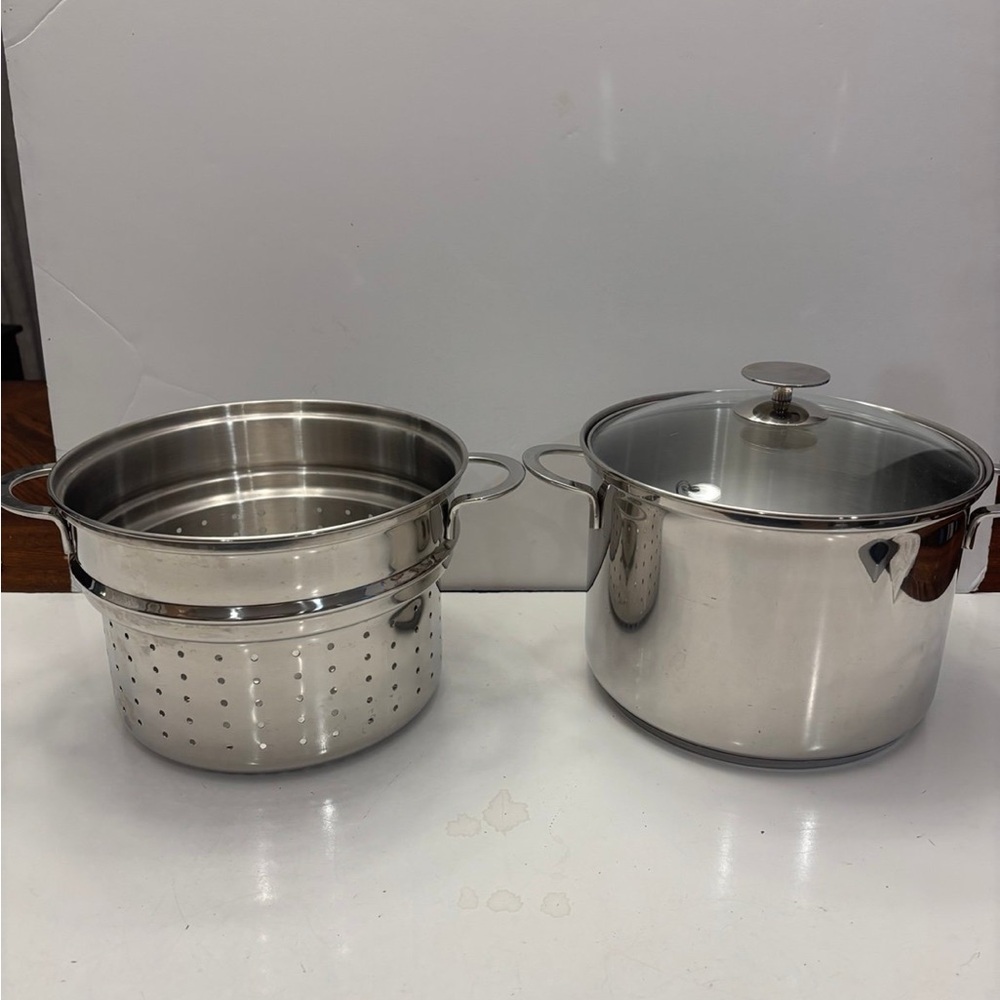 Crate & Barrel stainless steel, cooking part and strainer